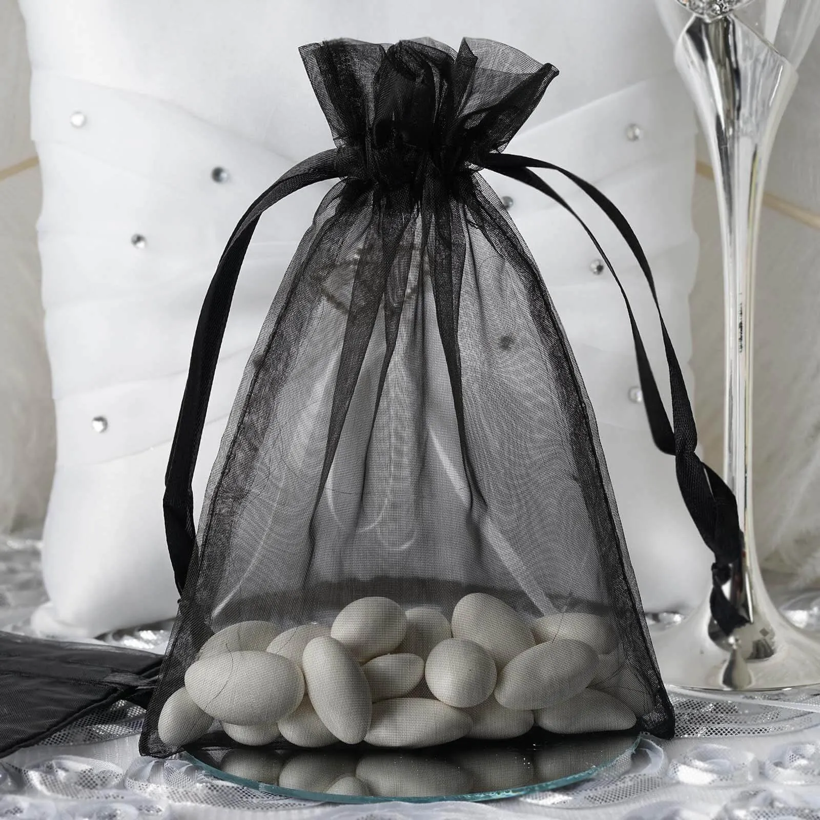 10 Pack 5"x7" Black Organza Drawstring Wedding Party Favor Gift Bags