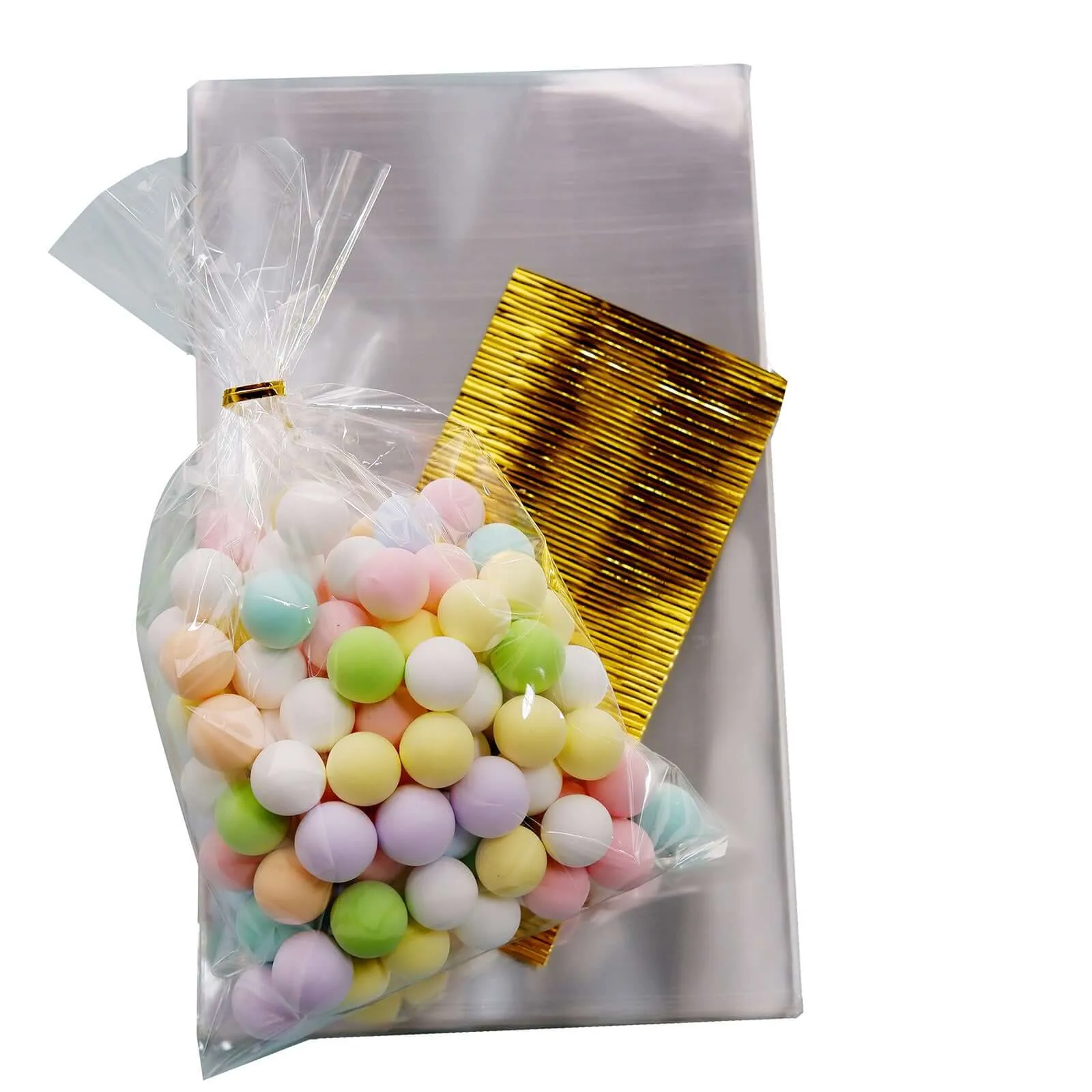 100 Pcs 6"x10" Clear Gift Goodie Candy Treat Bags and Gold Twist Ties