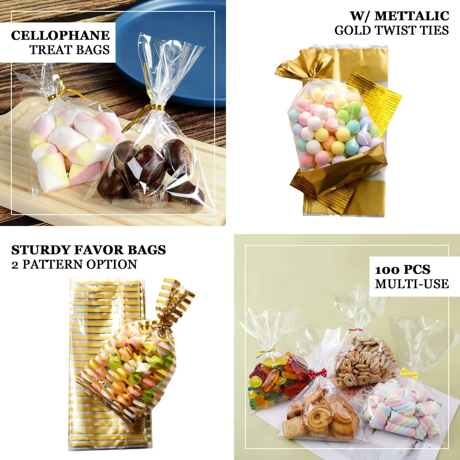 100 Pcs 6"x10" Clear Gift Goodie Candy Treat Bags and Gold Twist Ties