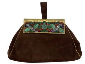 30s Unsigned Chocolate Brown Suede Bejeweled Evening Bag