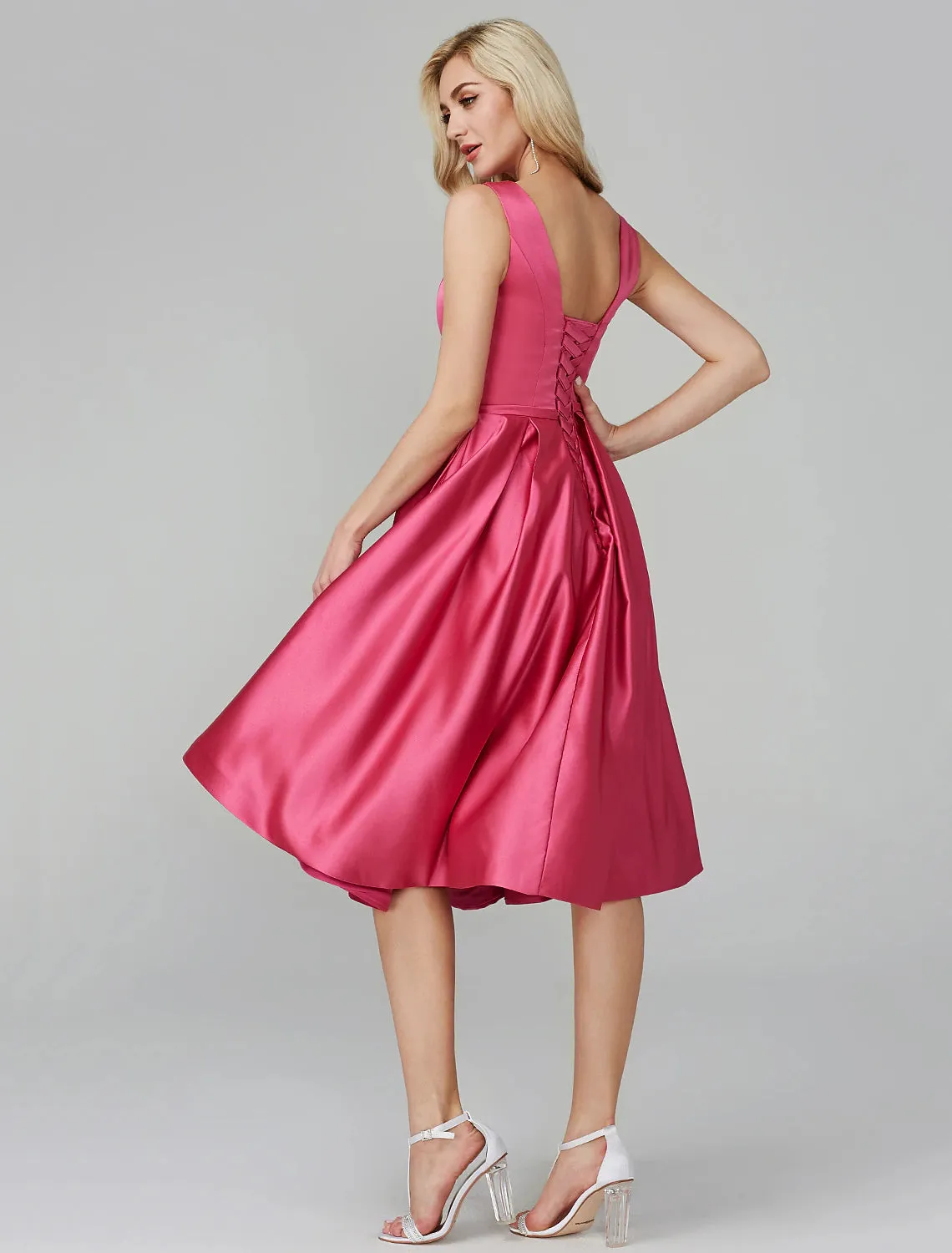 A-Line Party Dress Wedding Guest Cocktail Party Knee Length Sleeveless V Wire Pink Dress Satin with Sash / Ribbon