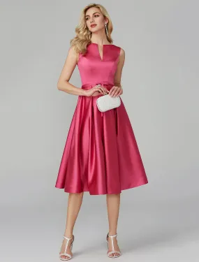 A-Line Party Dress Wedding Guest Cocktail Party Knee Length Sleeveless V Wire Pink Dress Satin with Sash / Ribbon