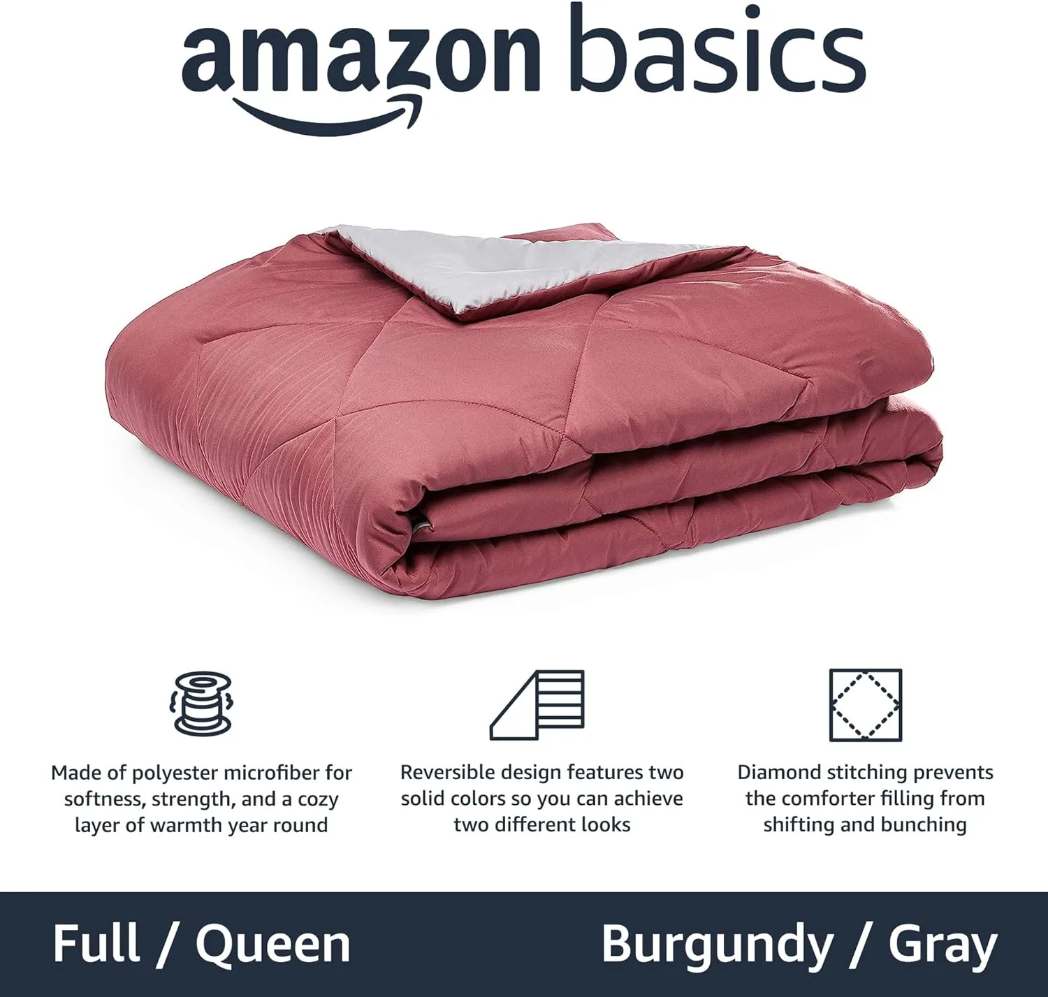 Amazon Basics Reversible Lightweight Microfiber Comforter Blanket, Full/Queen, Burgundy/Gray