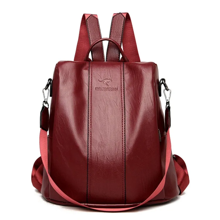 Anti-theft leather backpack women vintage shoulder bag