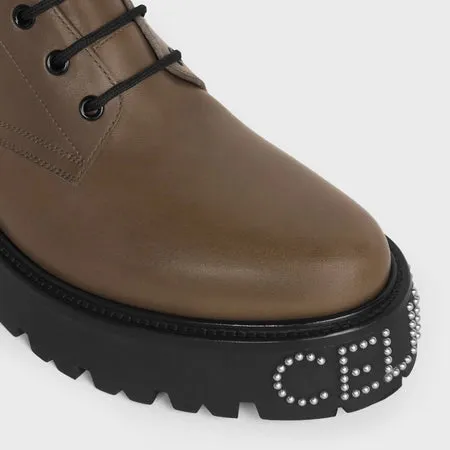 Celine Bulky Lace-Up Boot With Studded Outsole In Shiny Bull Khaki