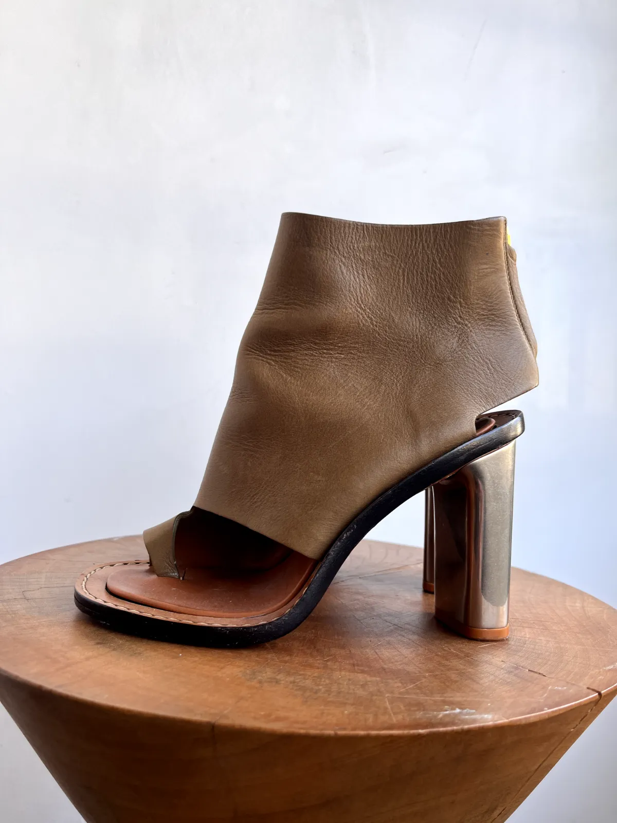 CELINE Phoebe Philo Old Rare Brown Taupe Leather Peep Toe Cut Out Ankle Boot 37