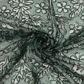 Classic Green Floral Sequins Embroidery Net Fabric