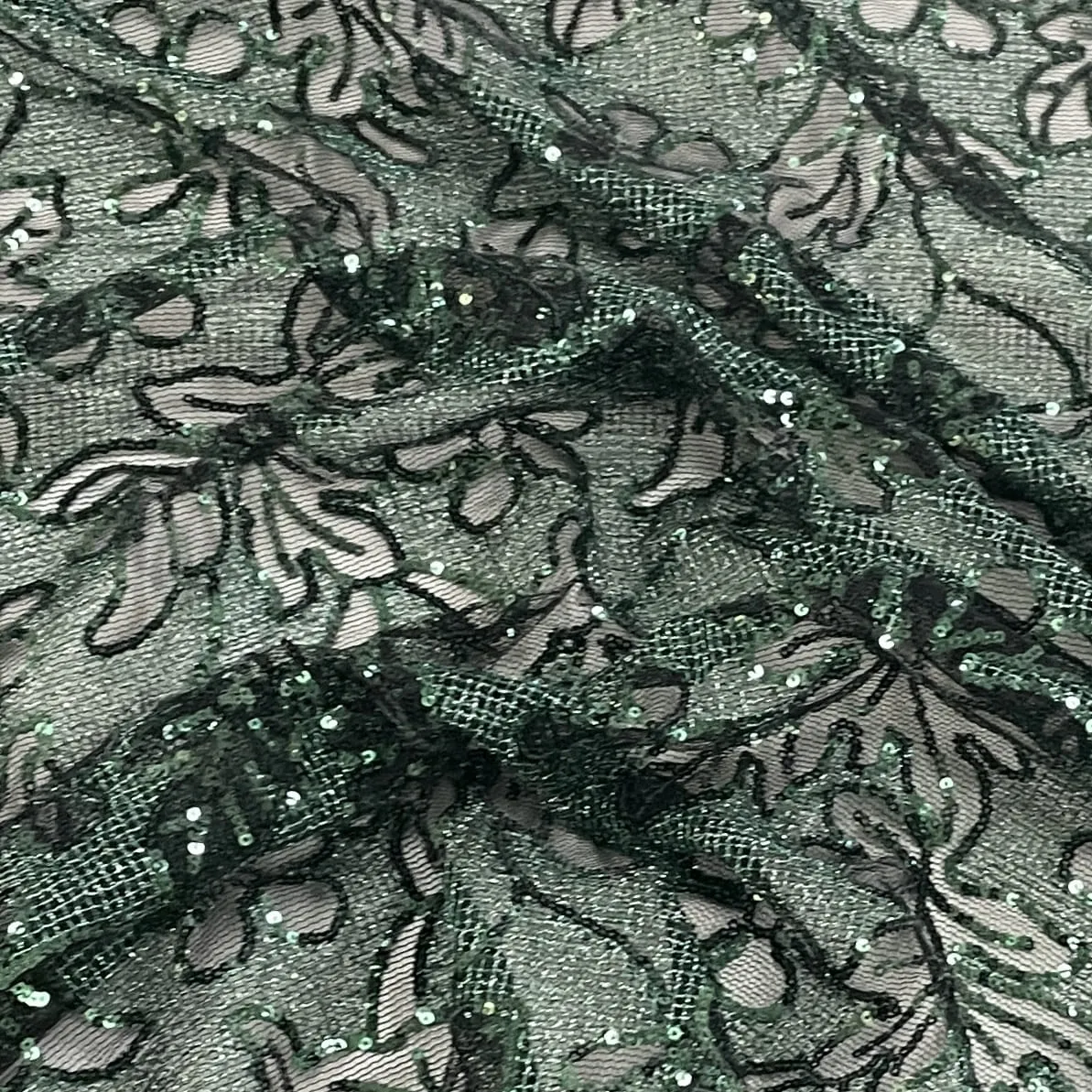 Classic Green Floral Sequins Embroidery Net Fabric