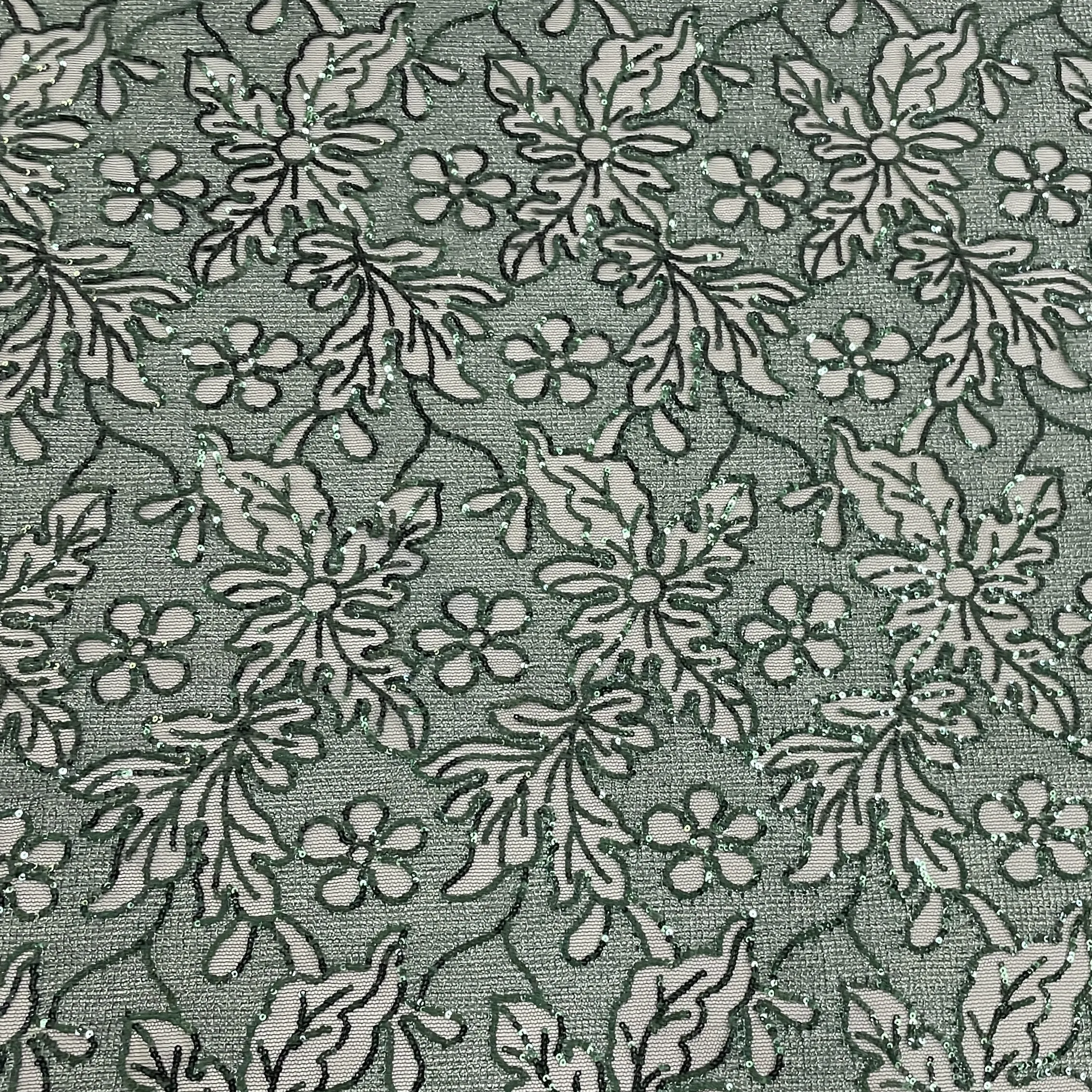 Classic Green Floral Sequins Embroidery Net Fabric