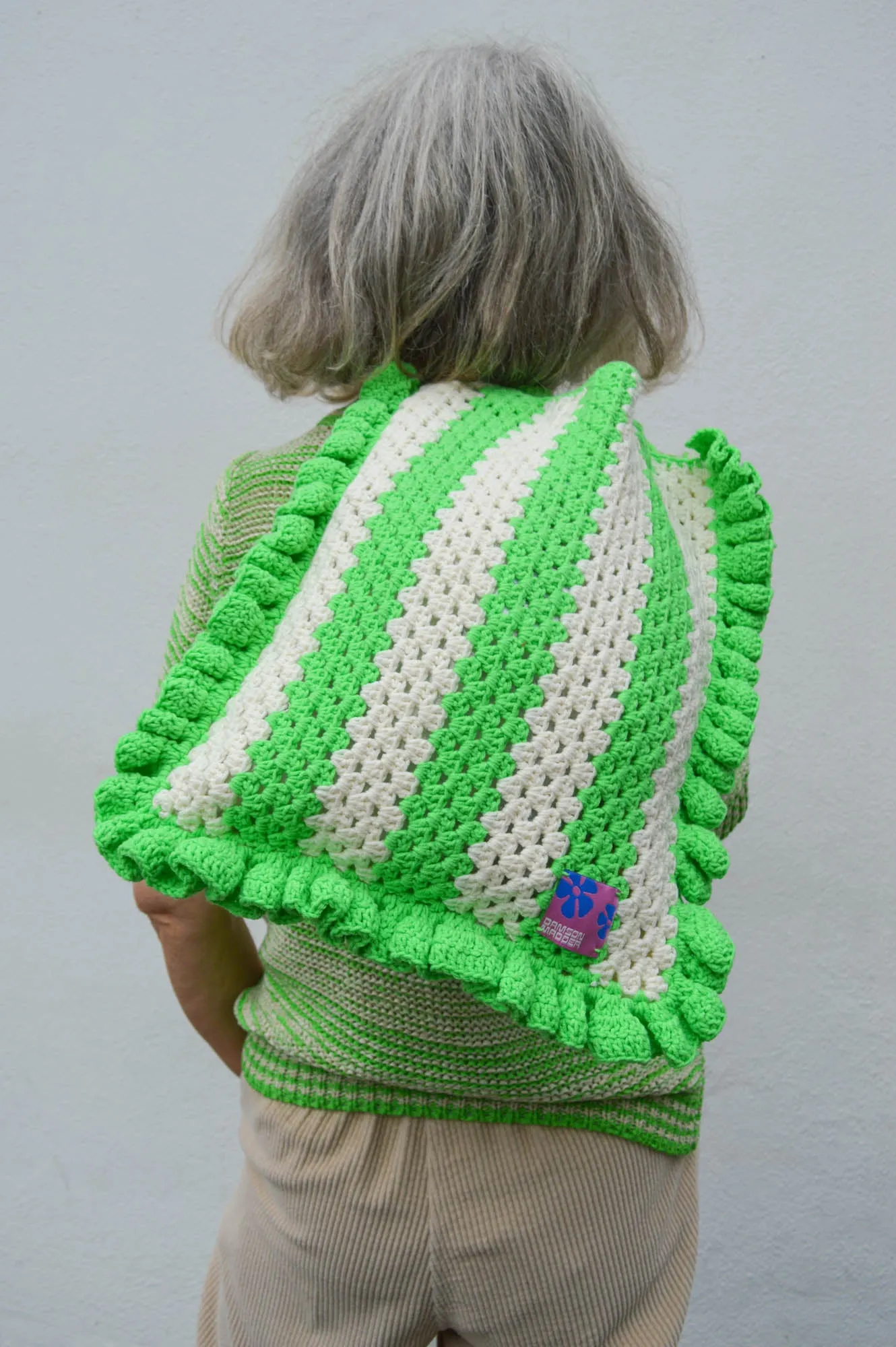 Damson Madder Stripe Frill Green & Ecru Crochet Bag