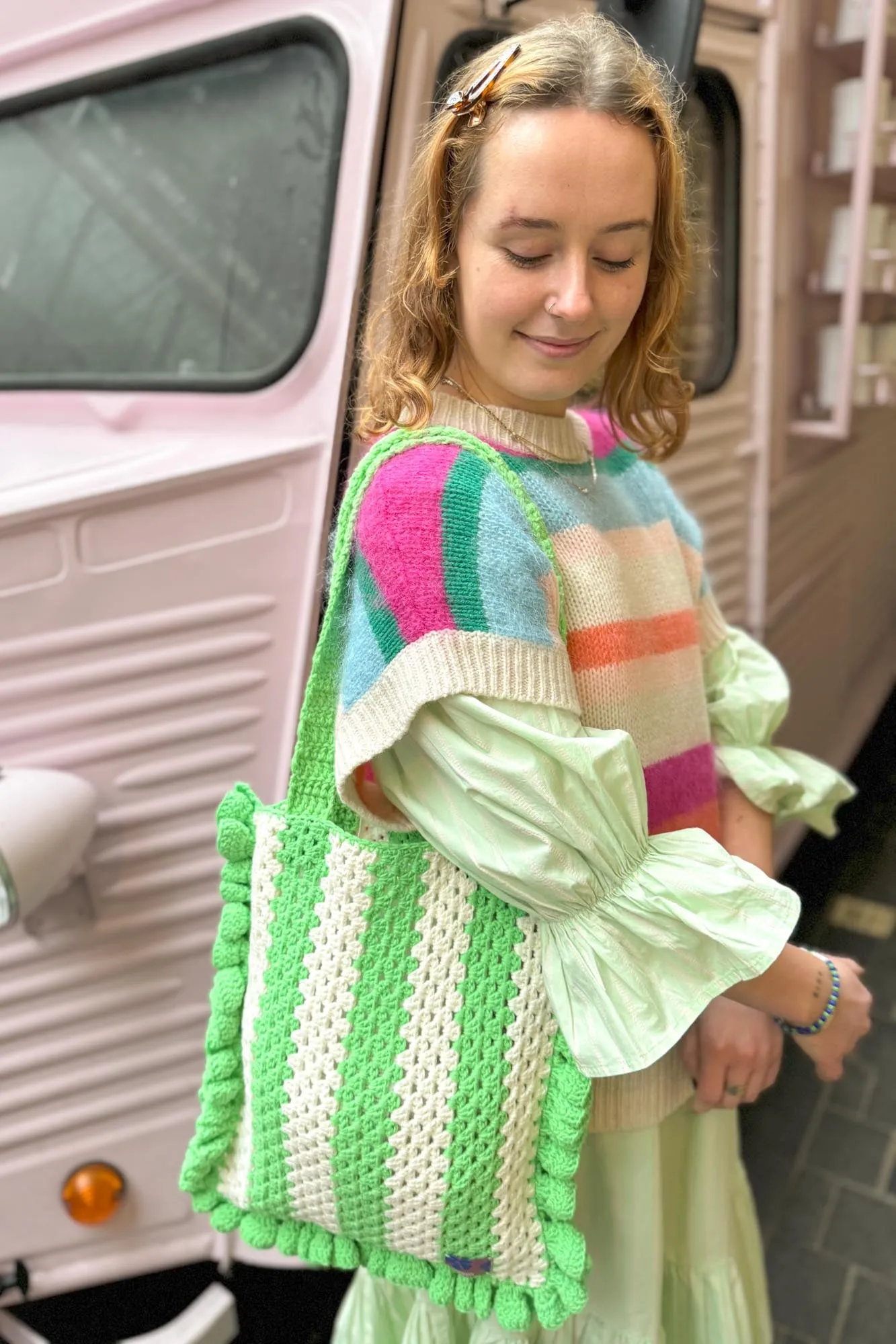 Damson Madder Stripe Frill Green & Ecru Crochet Bag