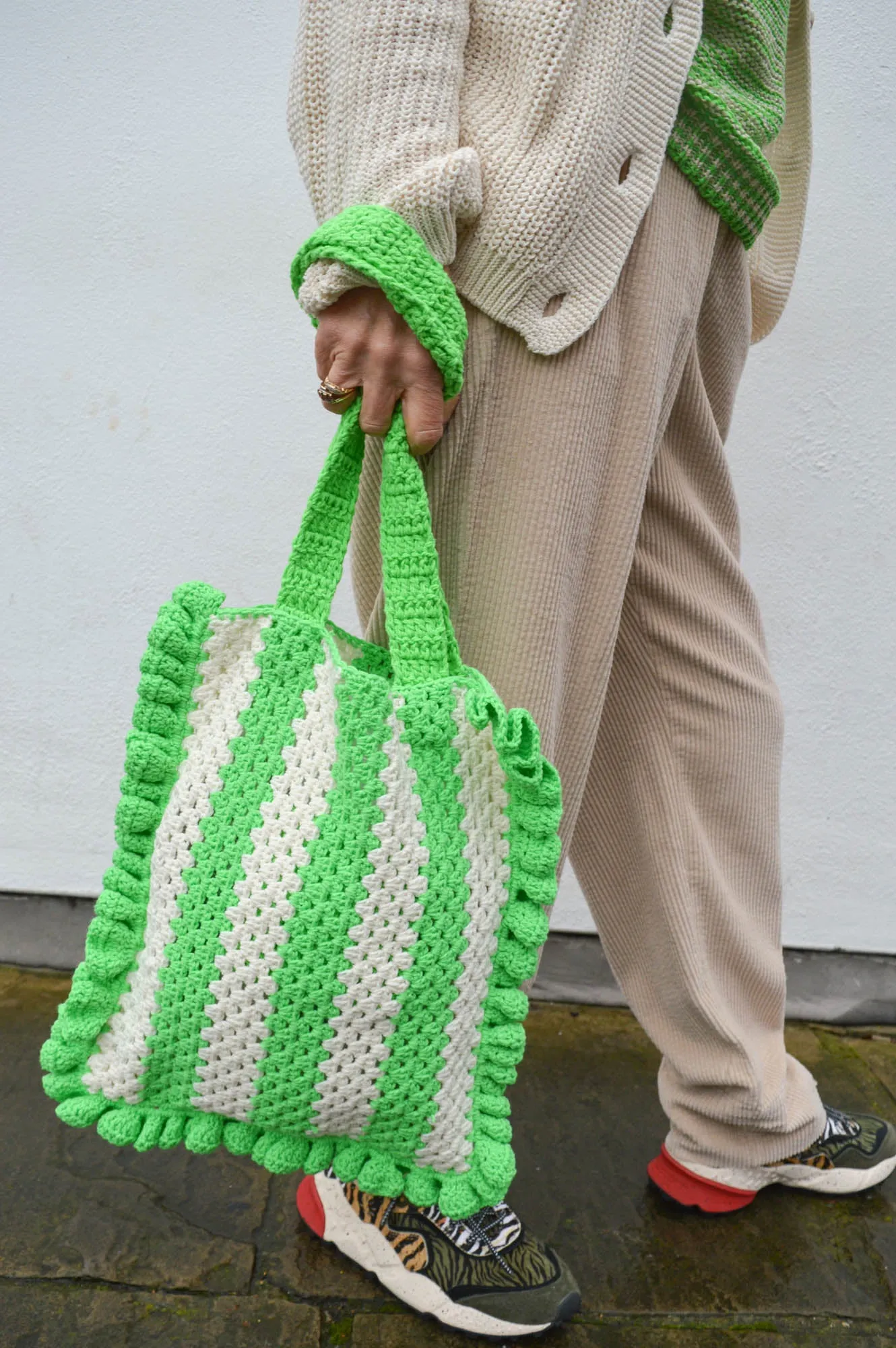 Damson Madder Stripe Frill Green & Ecru Crochet Bag