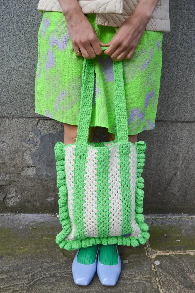 Damson Madder Stripe Frill Green & Ecru Crochet Bag