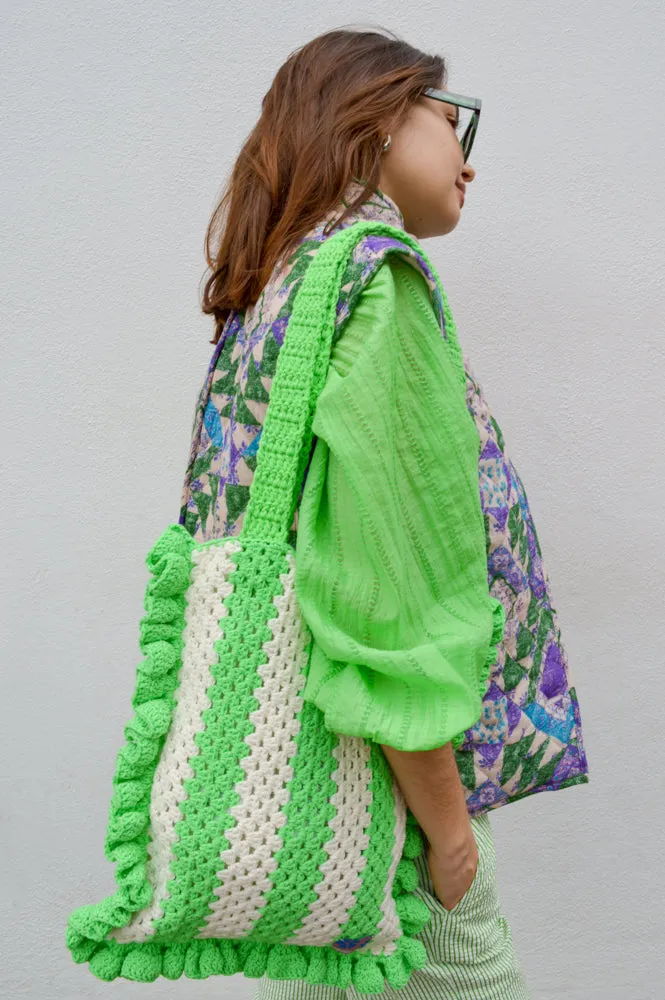 Damson Madder Stripe Frill Green & Ecru Crochet Bag