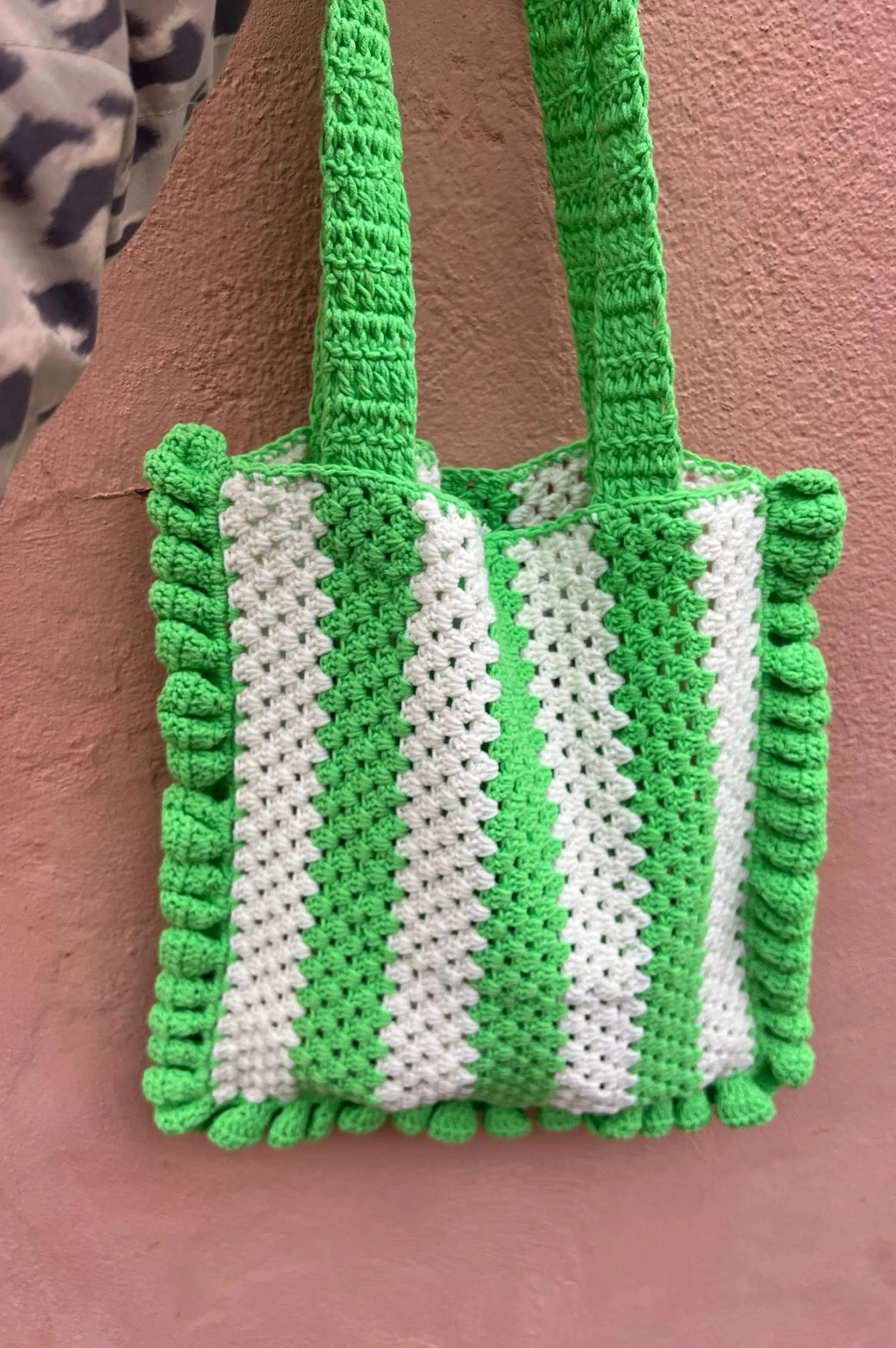 Damson Madder Stripe Frill Green & Ecru Crochet Bag