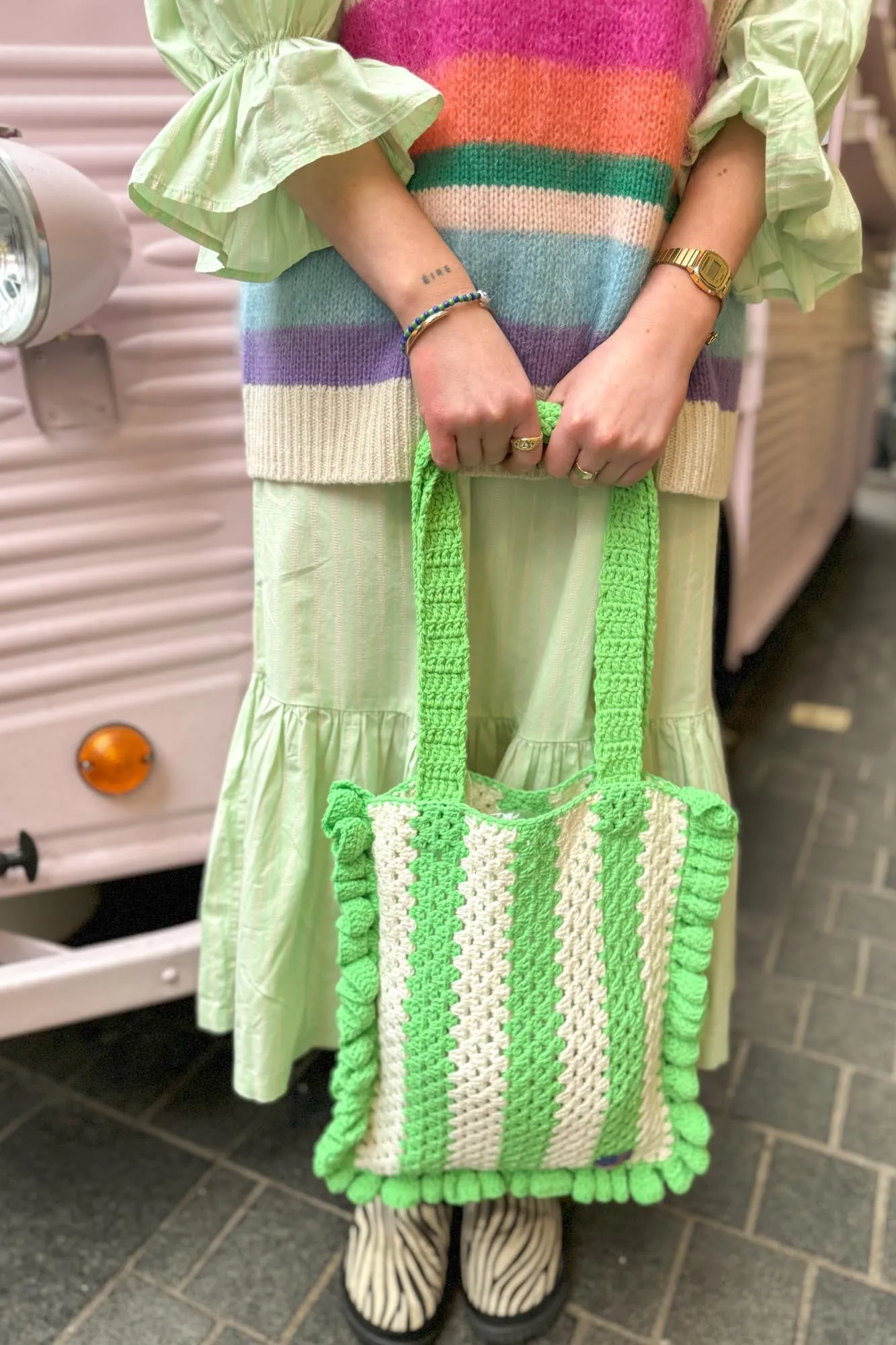 Damson Madder Stripe Frill Green & Ecru Crochet Bag