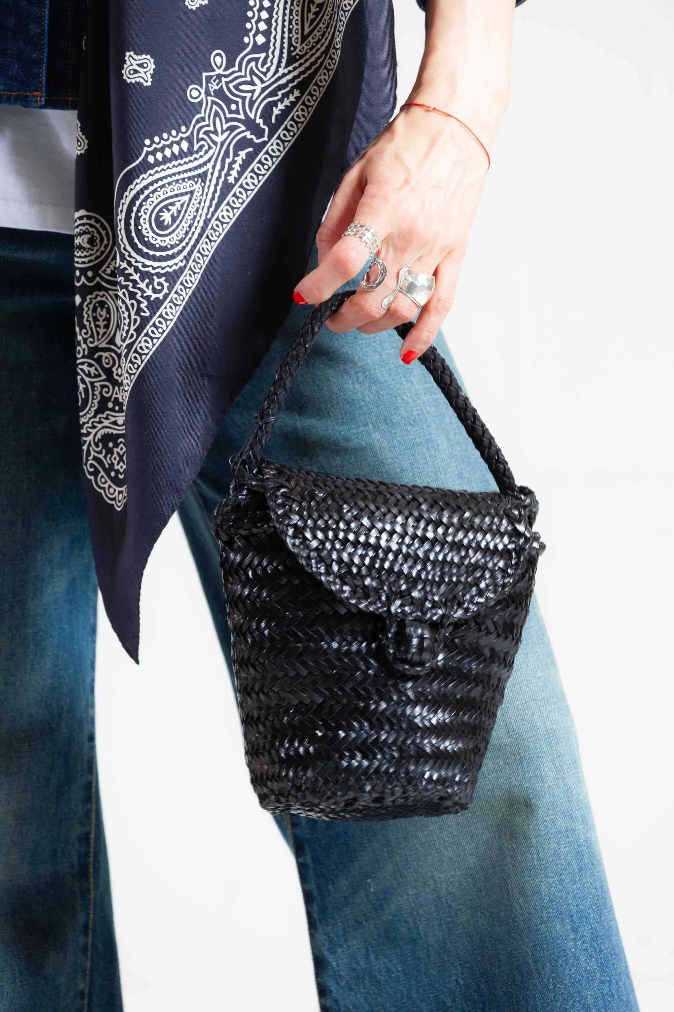 Jane Black Woven Leather Wicker Basket Bag