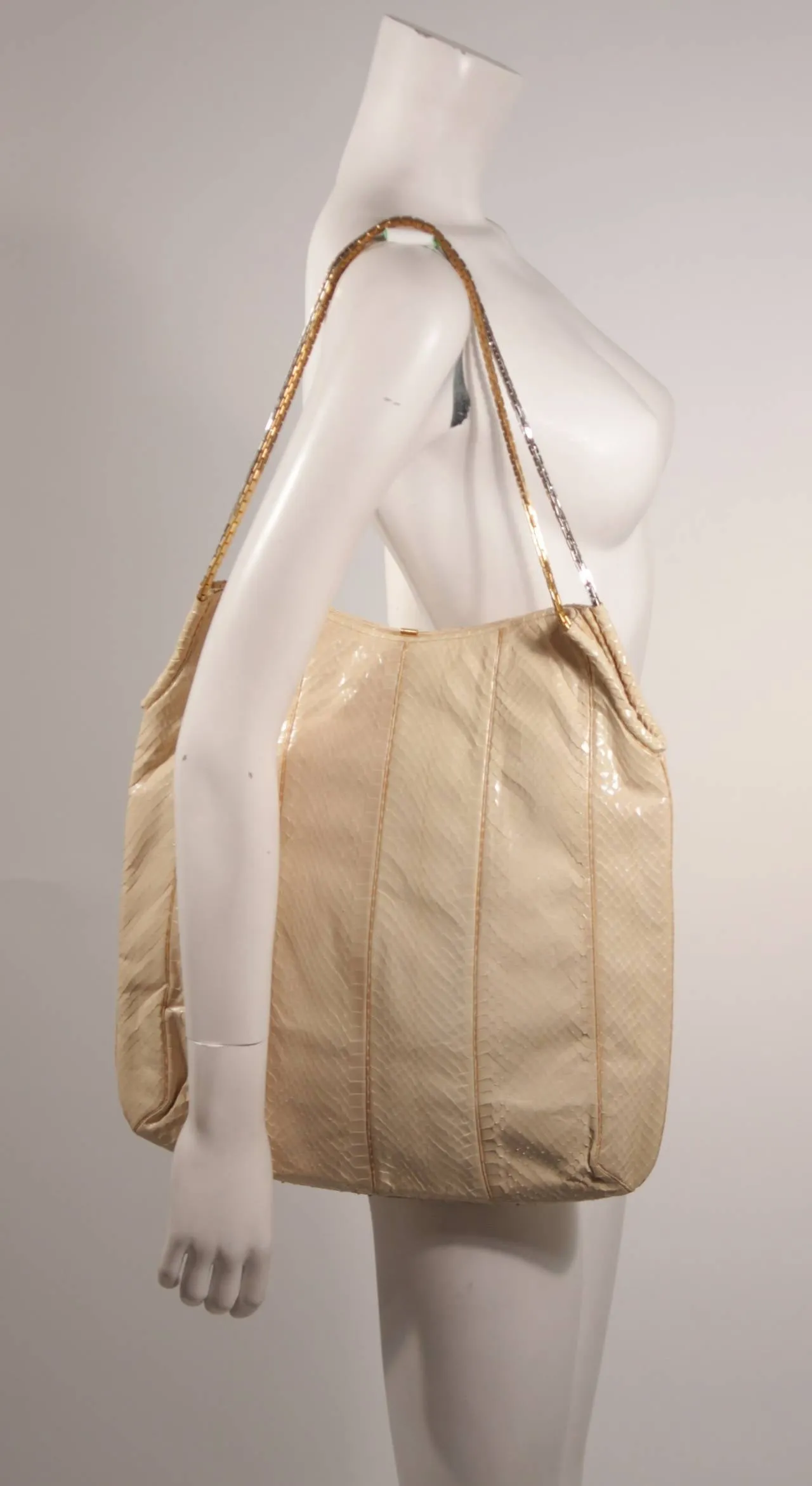 JUDITH LEIBER Cream Snakeskin Hobo w/ Two Tone Chain