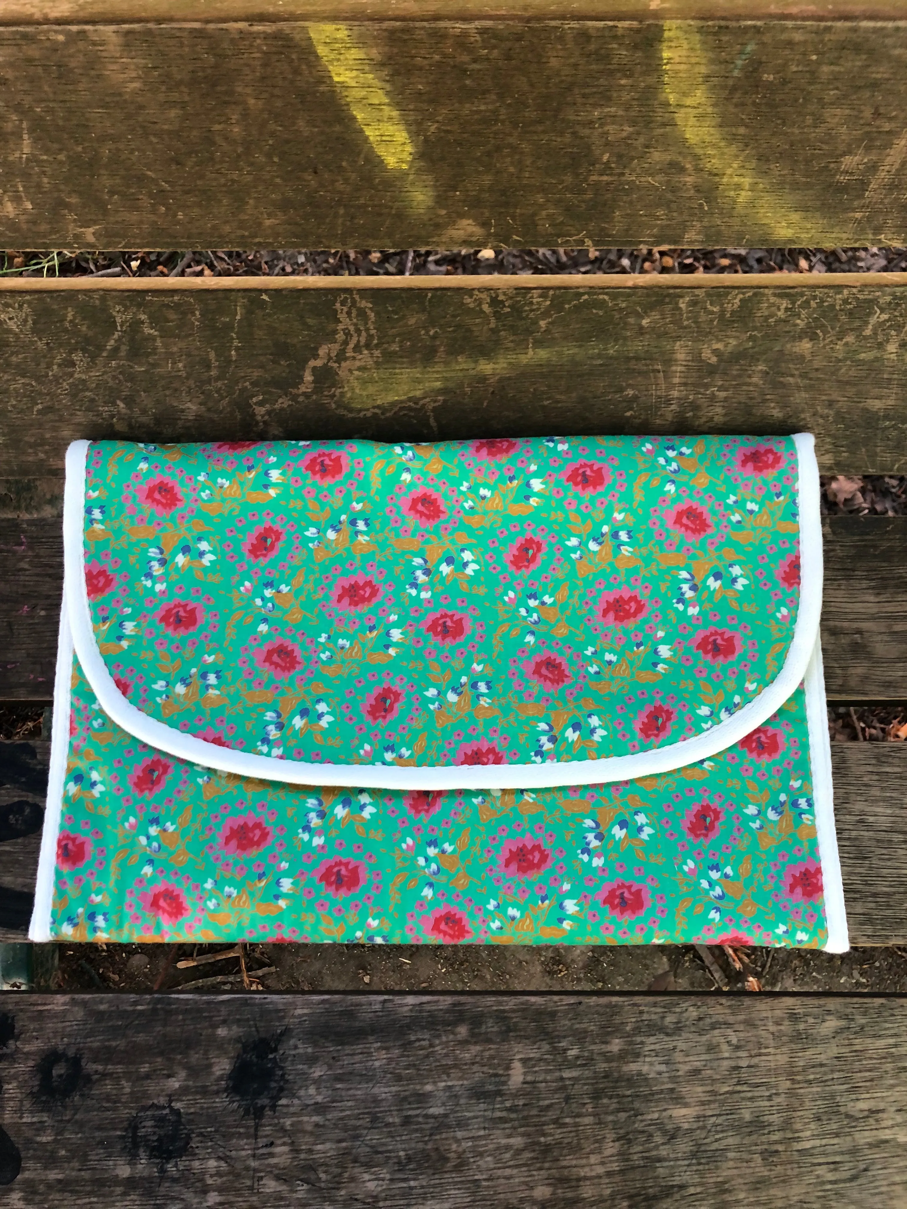 Laptop Sleeve in Green Floral Print with Black Check Interior