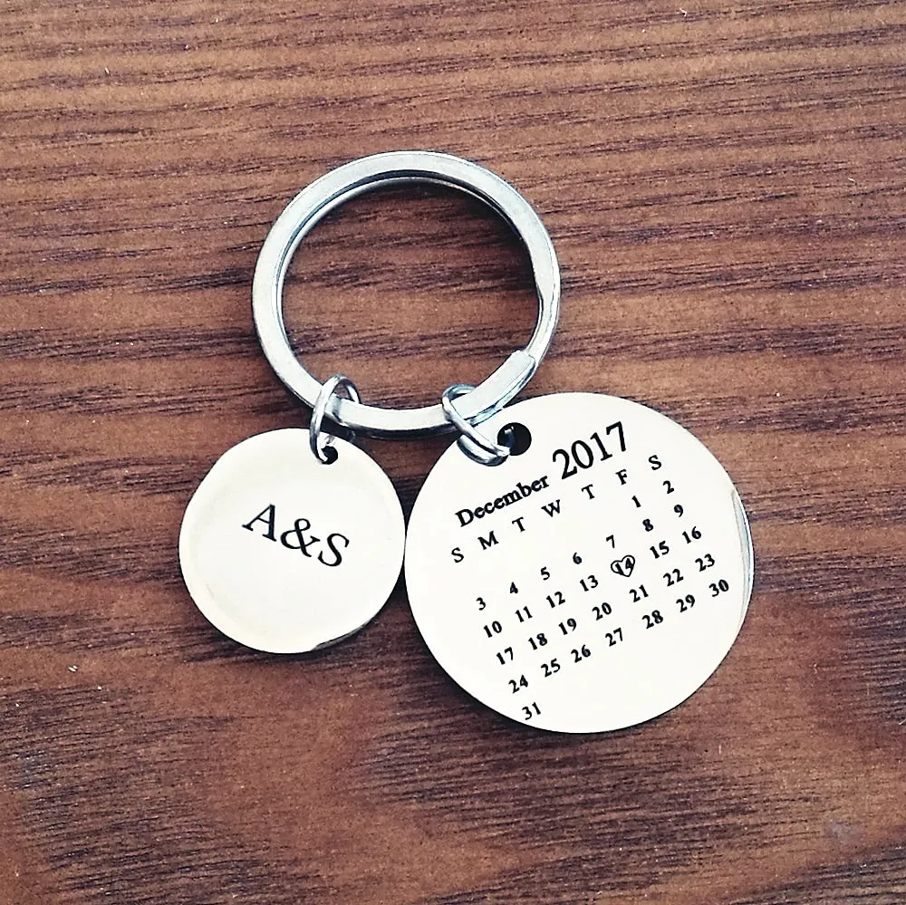 Personalized Calendar Keychain- Round Shape With Name, Initial and a Heart With Special Date