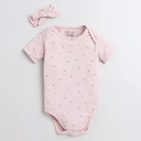 Polka Tots Half Sleeve Romper Onesie 100% Super Soft Cotton With Head Band Polka - Pink