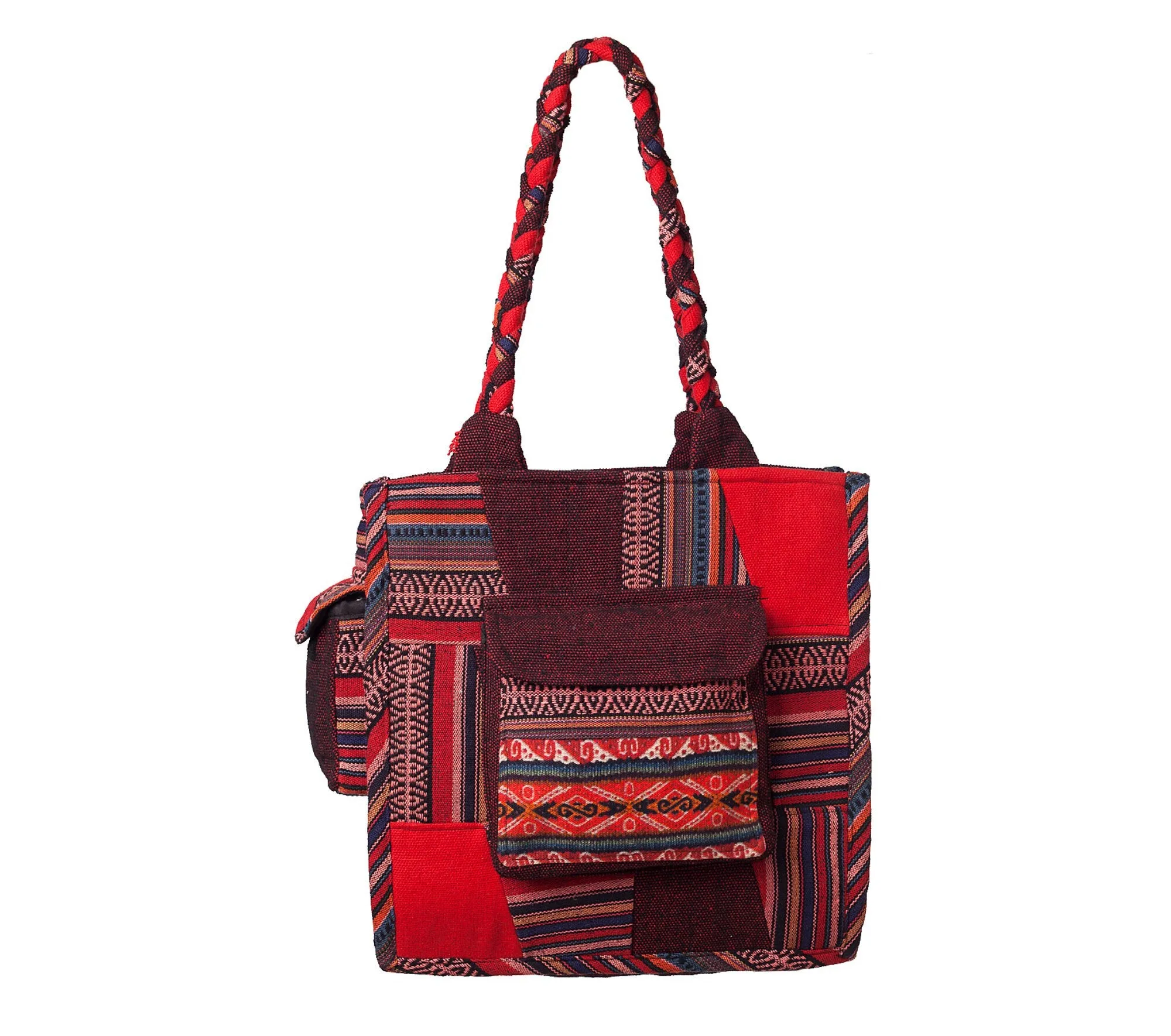 Red Bohemian Tote Bag, Braided Handle, 100% Cotton, Mini Side Pockets