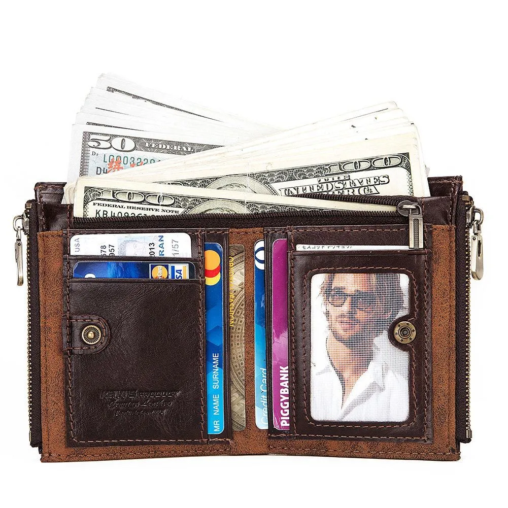 Retro  Double Zipper Anti-theft Brush RFID Leather Men's Wallet