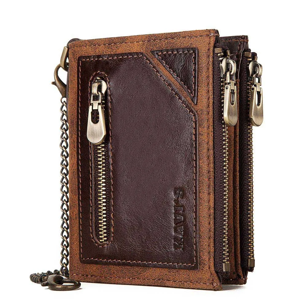 Retro  Double Zipper Anti-theft Brush RFID Leather Men's Wallet