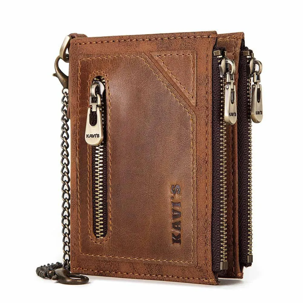 Retro  Double Zipper Anti-theft Brush RFID Leather Men's Wallet