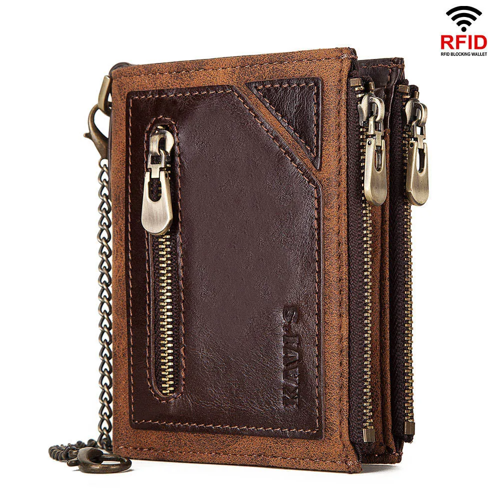 Retro  Double Zipper Anti-theft Brush RFID Leather Men's Wallet