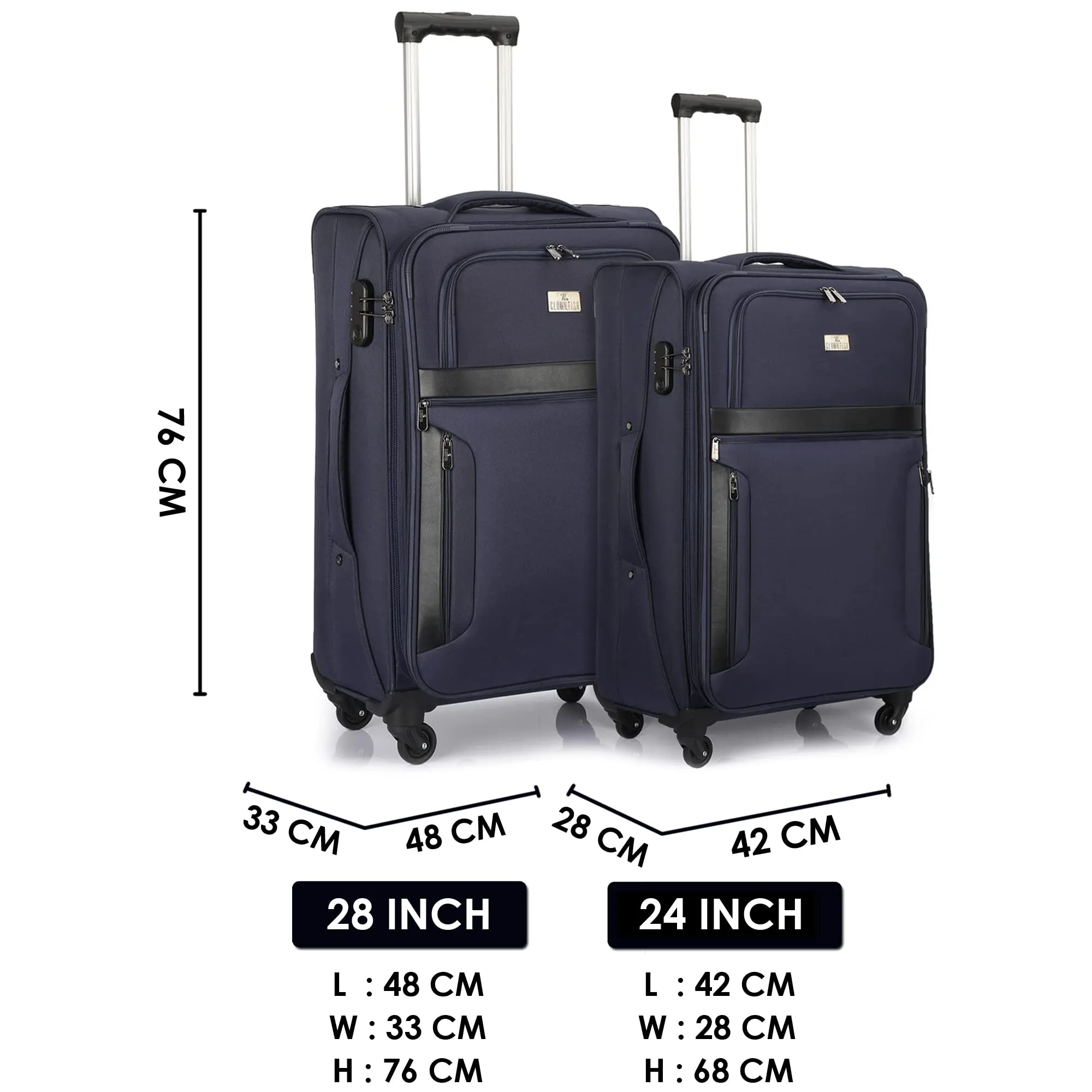 THE CLOWNFISH Combo of 2 Faramund Series Luggage Polyester Softsided Suitcases Four Wheel Trolley Bags - Navy Blue (76 cm, 68 cm)