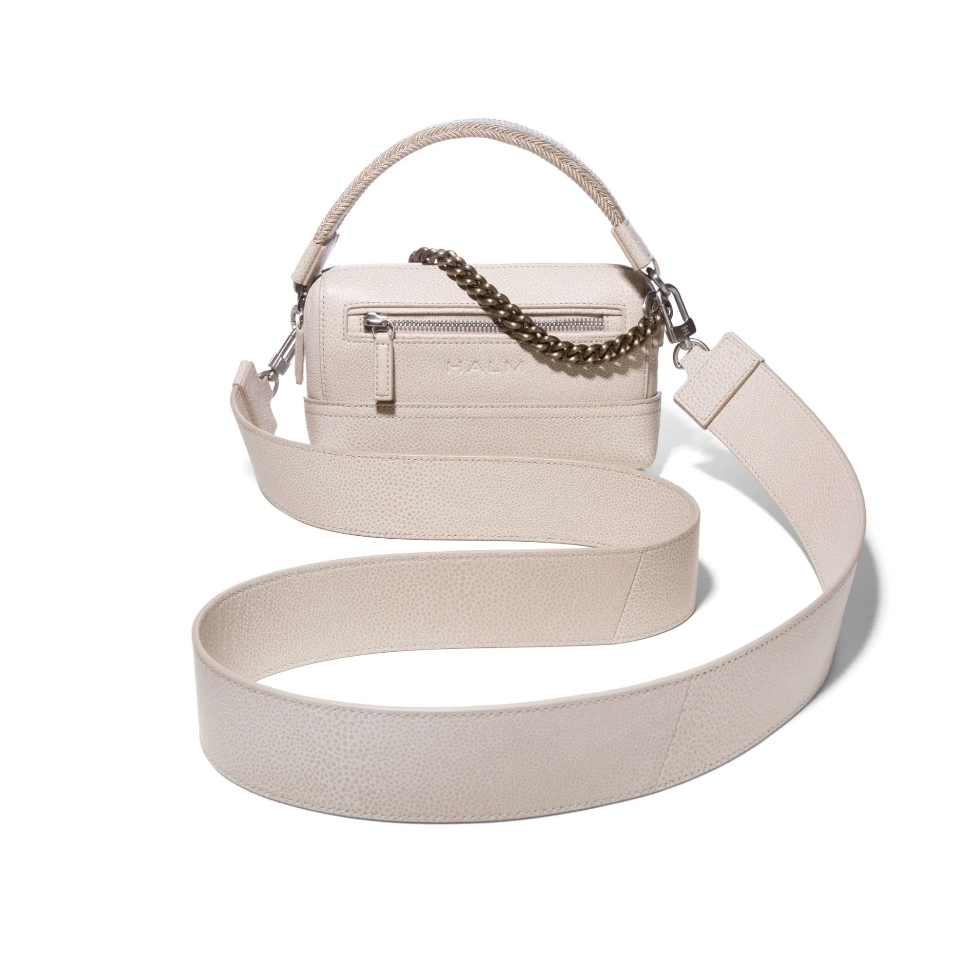 THE LITEN | VIDEUNG WITH BEIGE LEATHER STRAP, CREAM WEBBING AND GUNMETAL CHAIN,