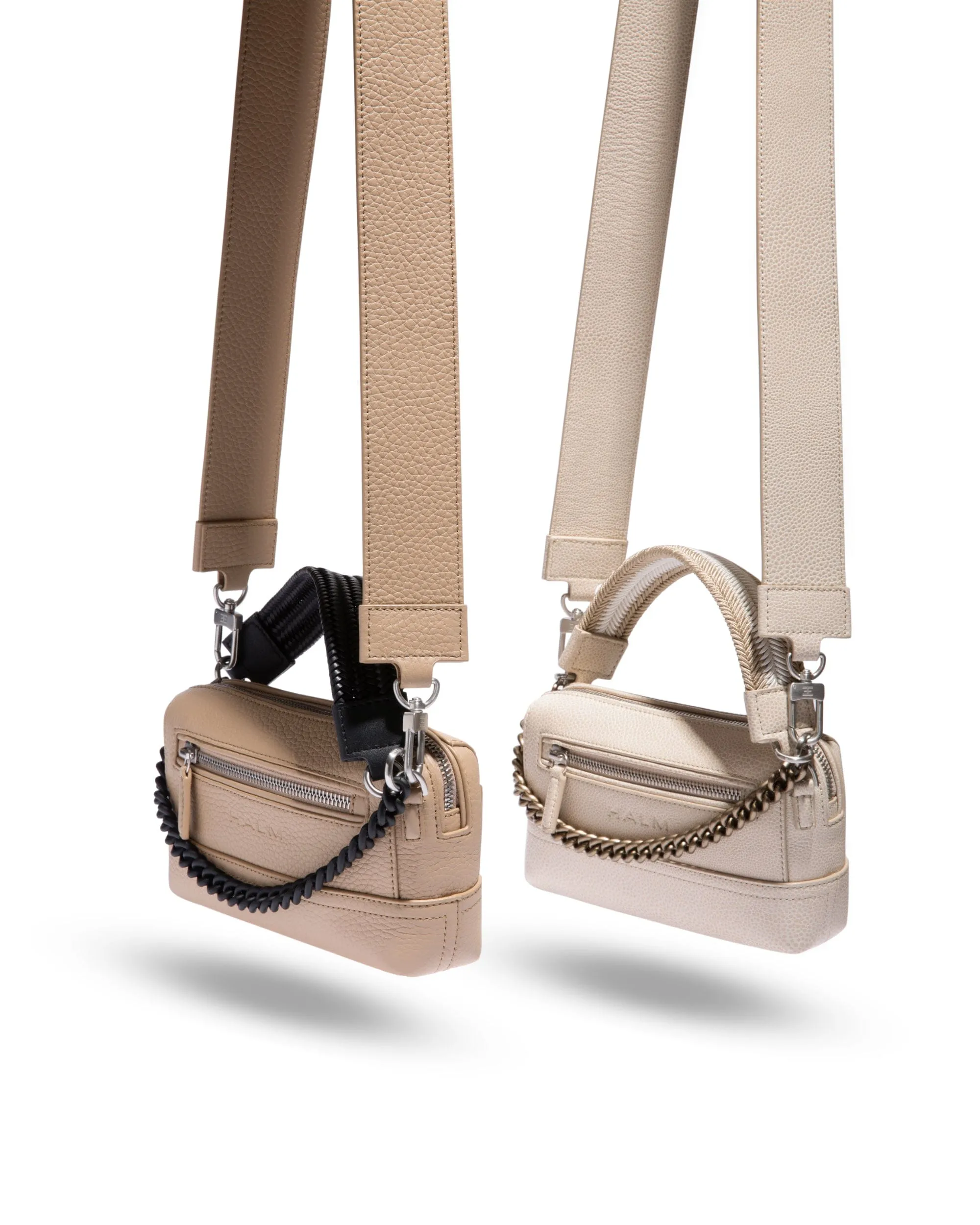 THE LITEN | VIDEUNG WITH BEIGE LEATHER STRAP, CREAM WEBBING AND GUNMETAL CHAIN,