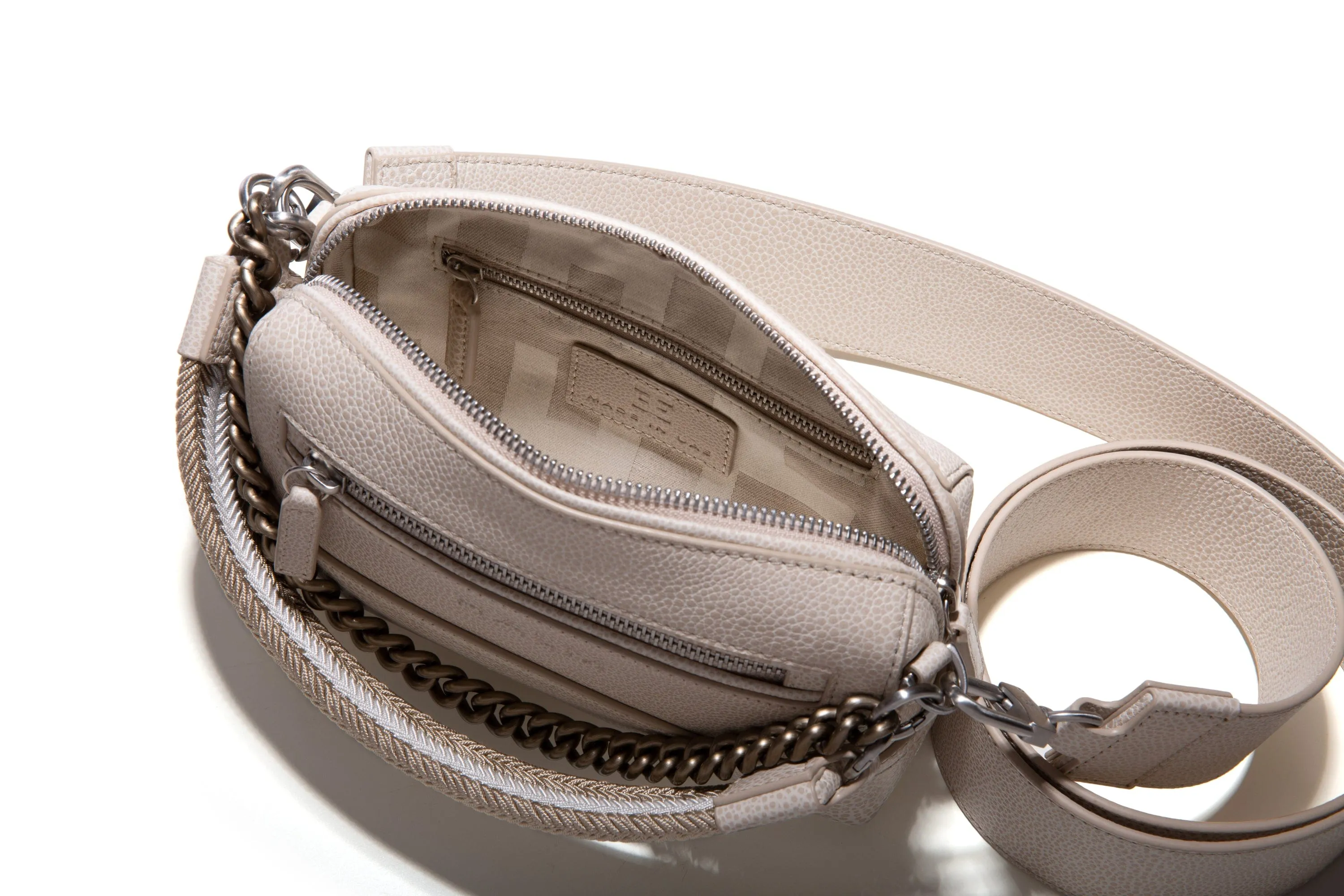 THE LITEN | VIDEUNG WITH BEIGE LEATHER STRAP, CREAM WEBBING AND GUNMETAL CHAIN,