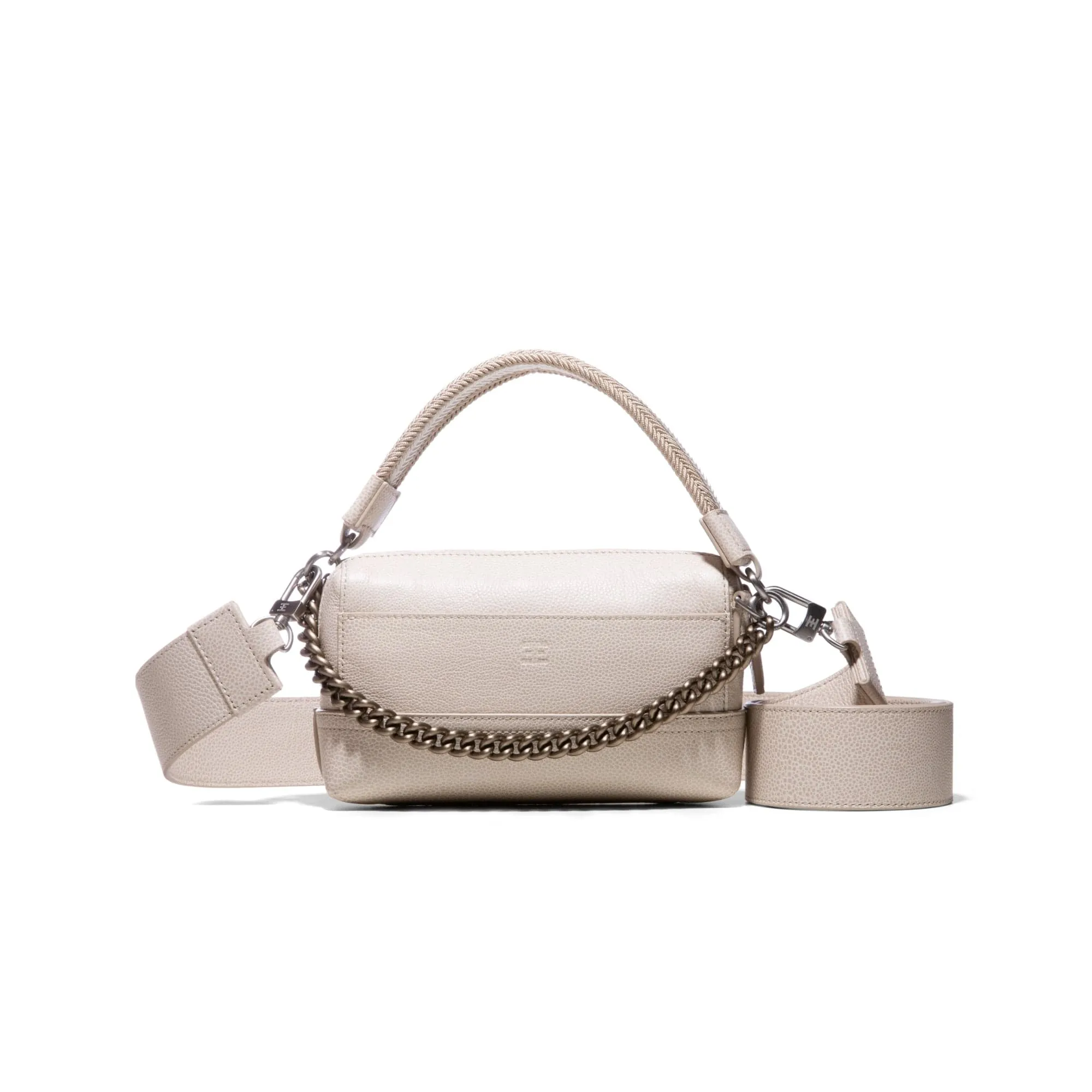 THE LITEN | VIDEUNG WITH BEIGE LEATHER STRAP, CREAM WEBBING AND GUNMETAL CHAIN,