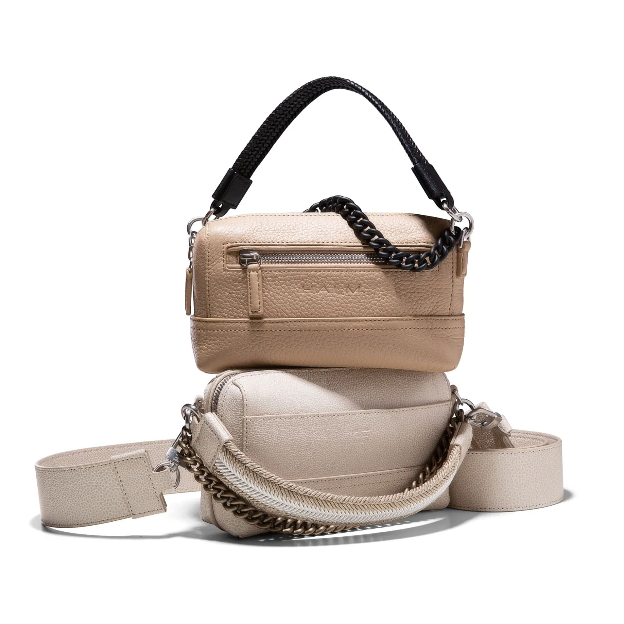 THE LITEN | VIDEUNG WITH BEIGE LEATHER STRAP, CREAM WEBBING AND GUNMETAL CHAIN,