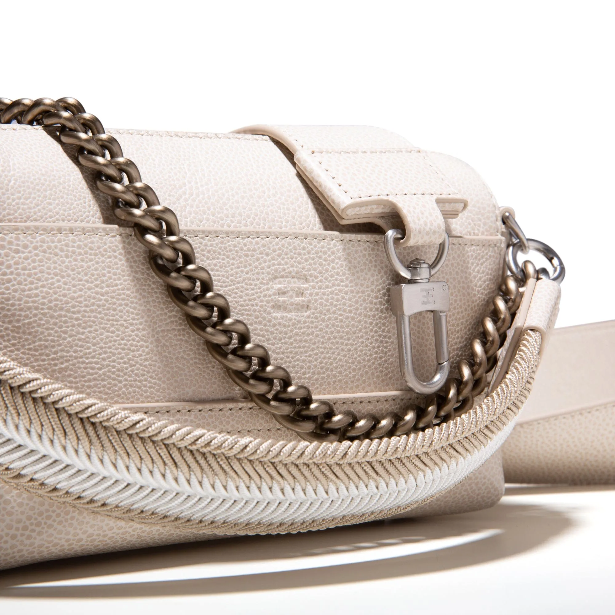 THE LITEN | VIDEUNG WITH BEIGE LEATHER STRAP, CREAM WEBBING AND GUNMETAL CHAIN,